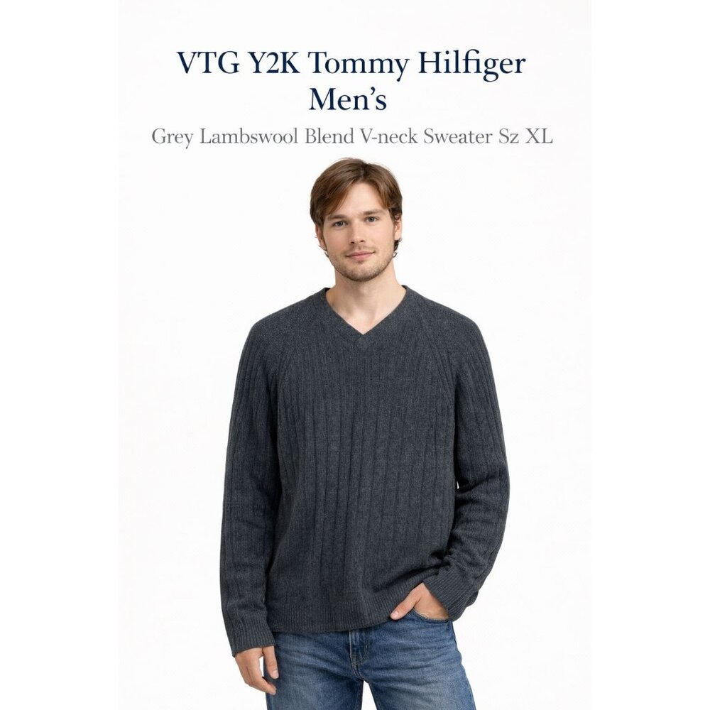 VTG Y2K Tommy Hilfiger Men’s Grey Lambswool Blend V-neck Sweater Sz XL Preppy